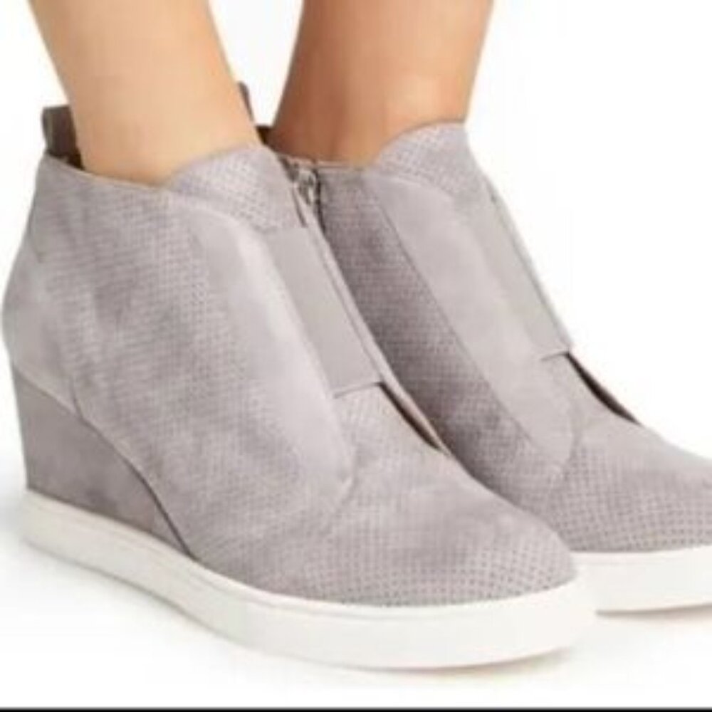 Linea Paolo Felicia Grey Perforated Suede Wedge Side Zip Bootie Sneakers Sz 7.5